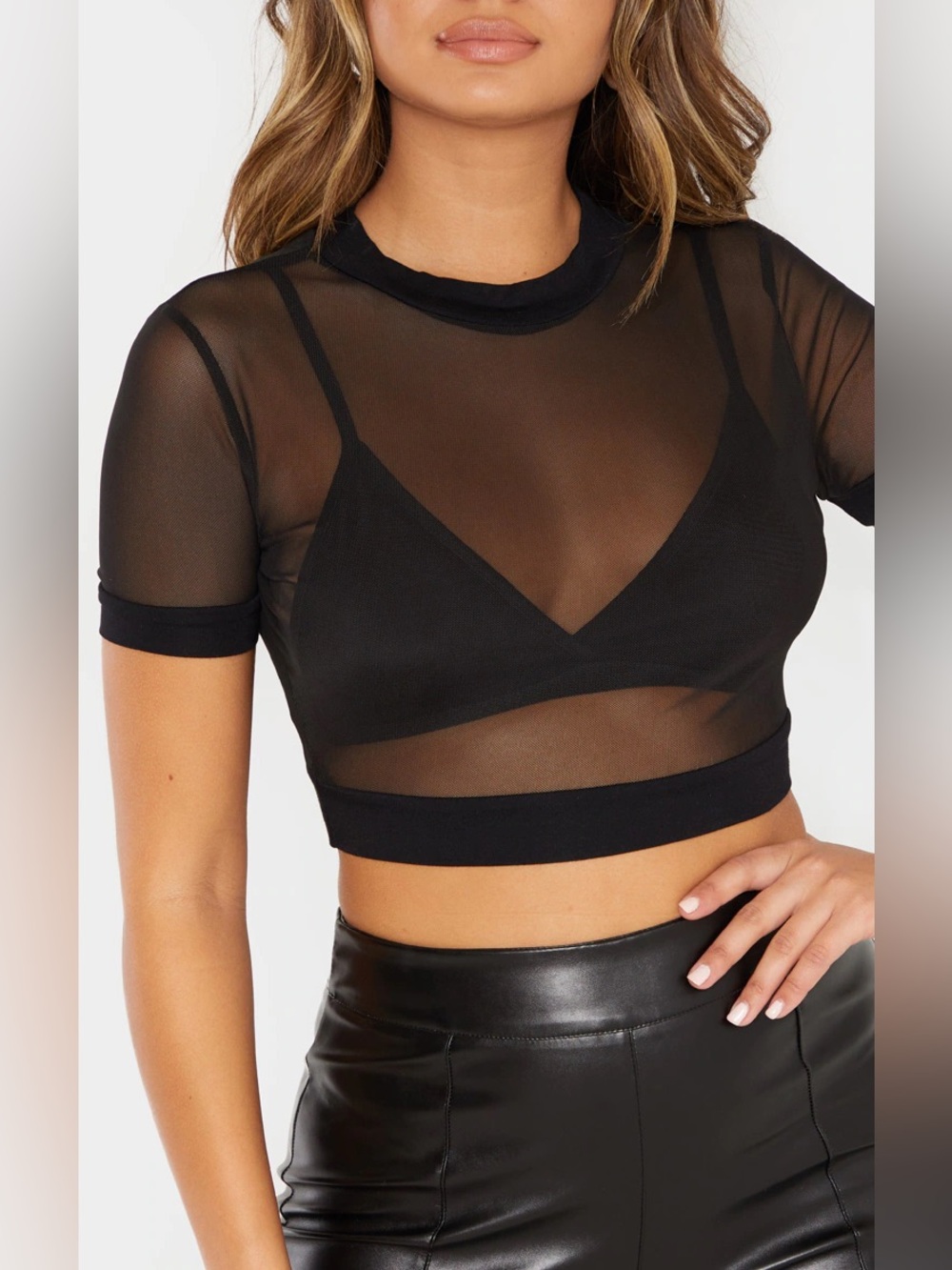 PrettyLittleThing Black Sheer Mesh Short Sleeve Crop Top